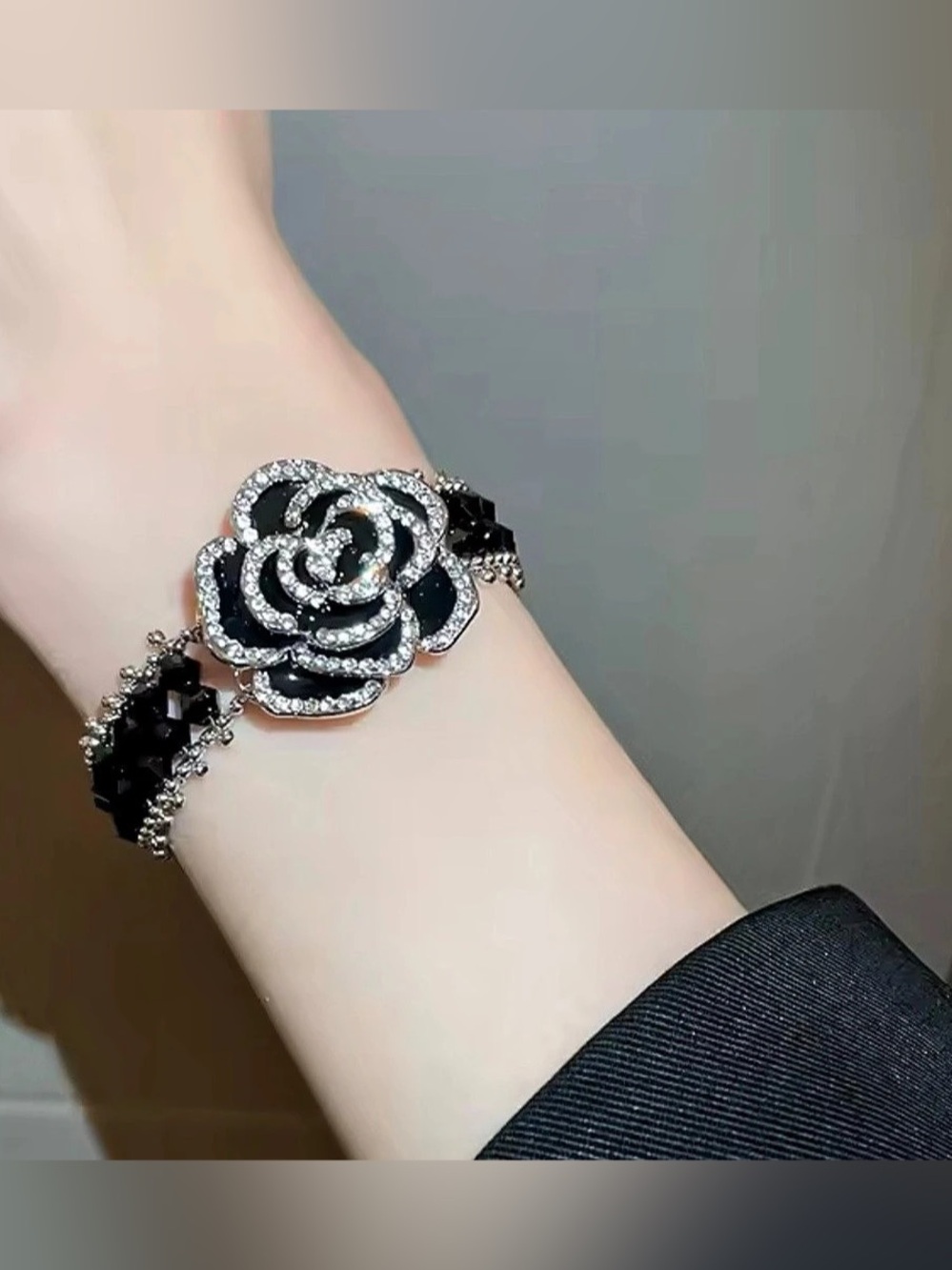 Floral Rhinestone Bracelet in Black & Silver